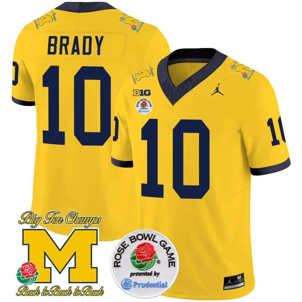 Men Michigan Wolverines #10 Brady Yellow 2024 Rose Bowl Patch Vapor Limited NCAA Jersey